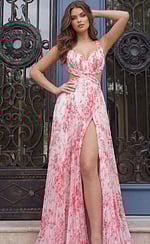 Floral pleated evening dress with wrap bodice, side cutouts, and thigh high slit