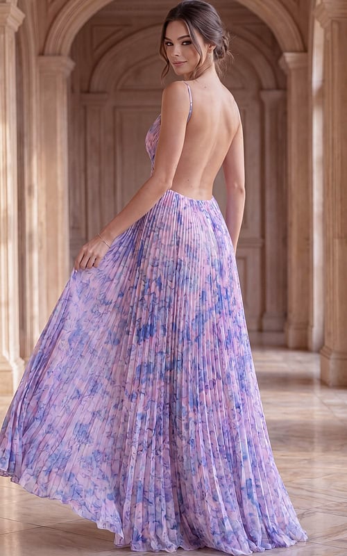 back view of fitted prom dress with open back and thin straps