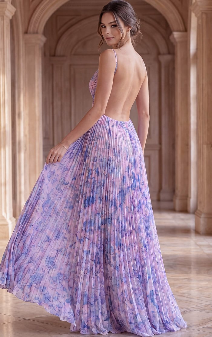 Pleated Printed Gown with Crisscross Bodice 49161 | Jovani