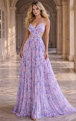 sleeveless formal gown with plunging neckline and fitted long design