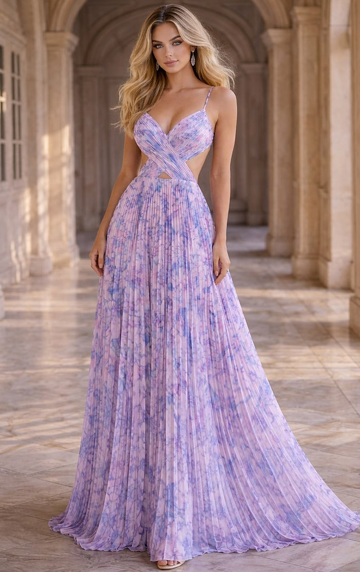 Pleated Printed Gown with Crisscross Bodice 49161 | Jovani
