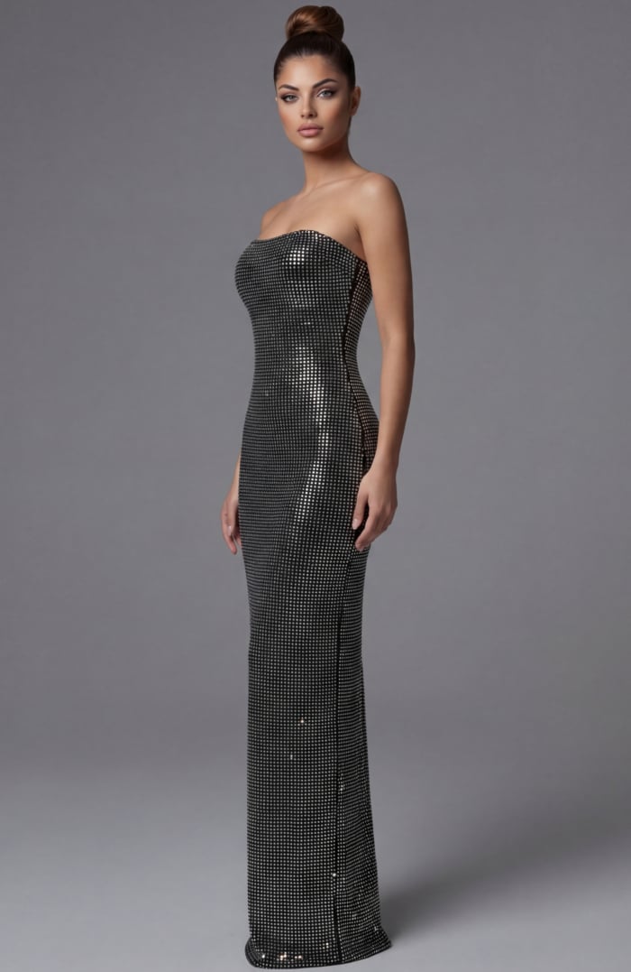 Strapless column gown with crystal mesh fabric and fitted silhouette