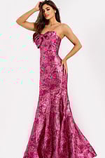 Metallic pink strapless prom dress with bow detail