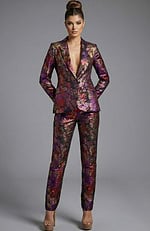 Floral jacquard tailored suit with deep V jacket and fitted trousers