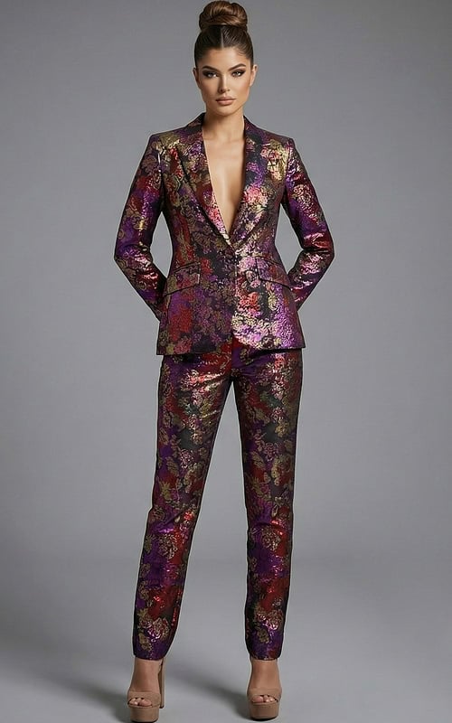 Floral jacquard tailored suit with deep V jacket and fitted trousers