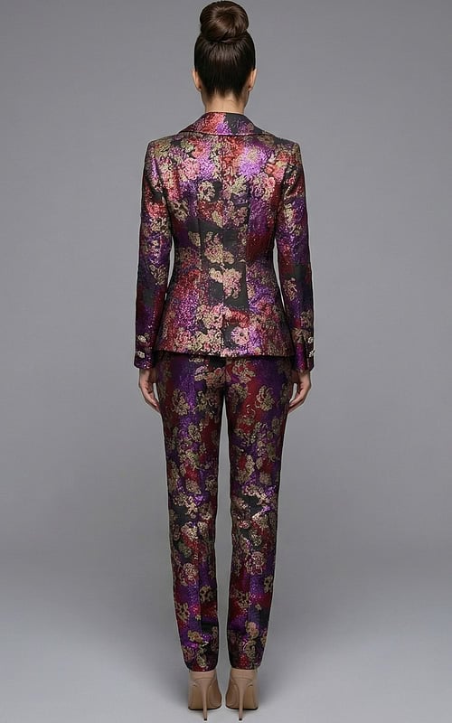 Back view of floral jacquard suit with structured jacket and slim pants