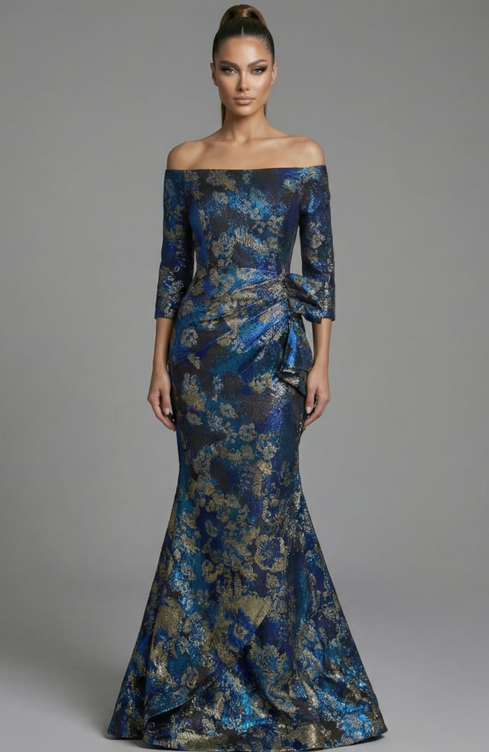 f shoulder brocade gown with draped waist and fitted silhouette
