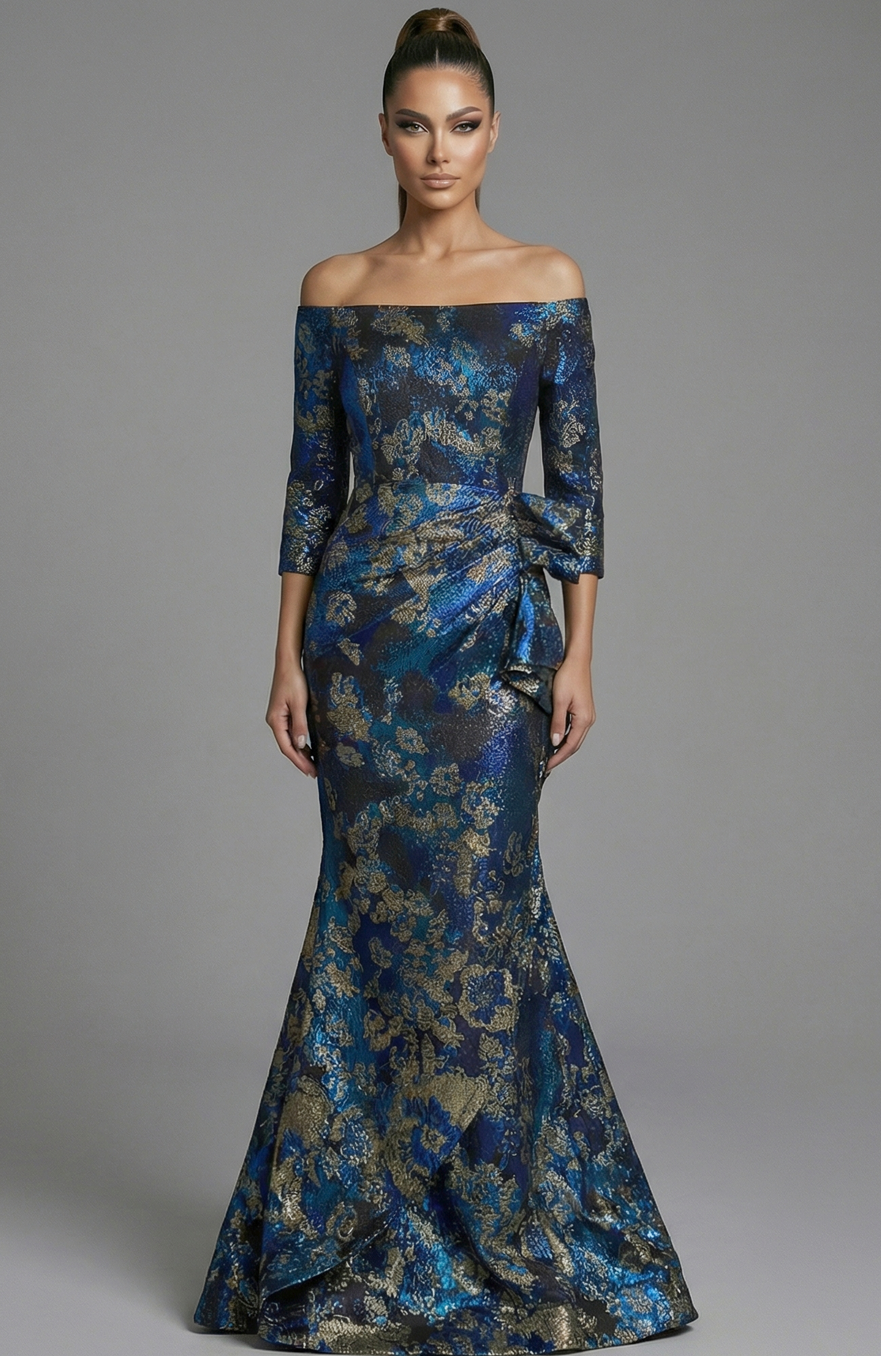 49165-1 f shoulder brocade gown with draped waist and fitted silhouette