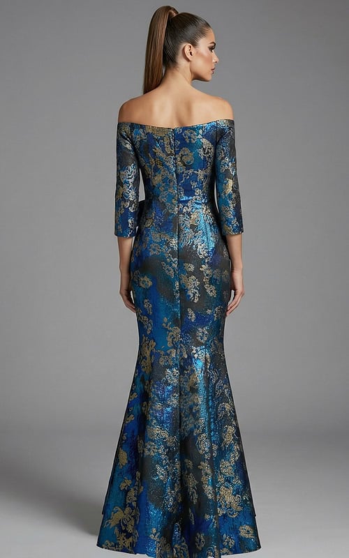 off shoulder brocade gown with structured bodice and full length skirt