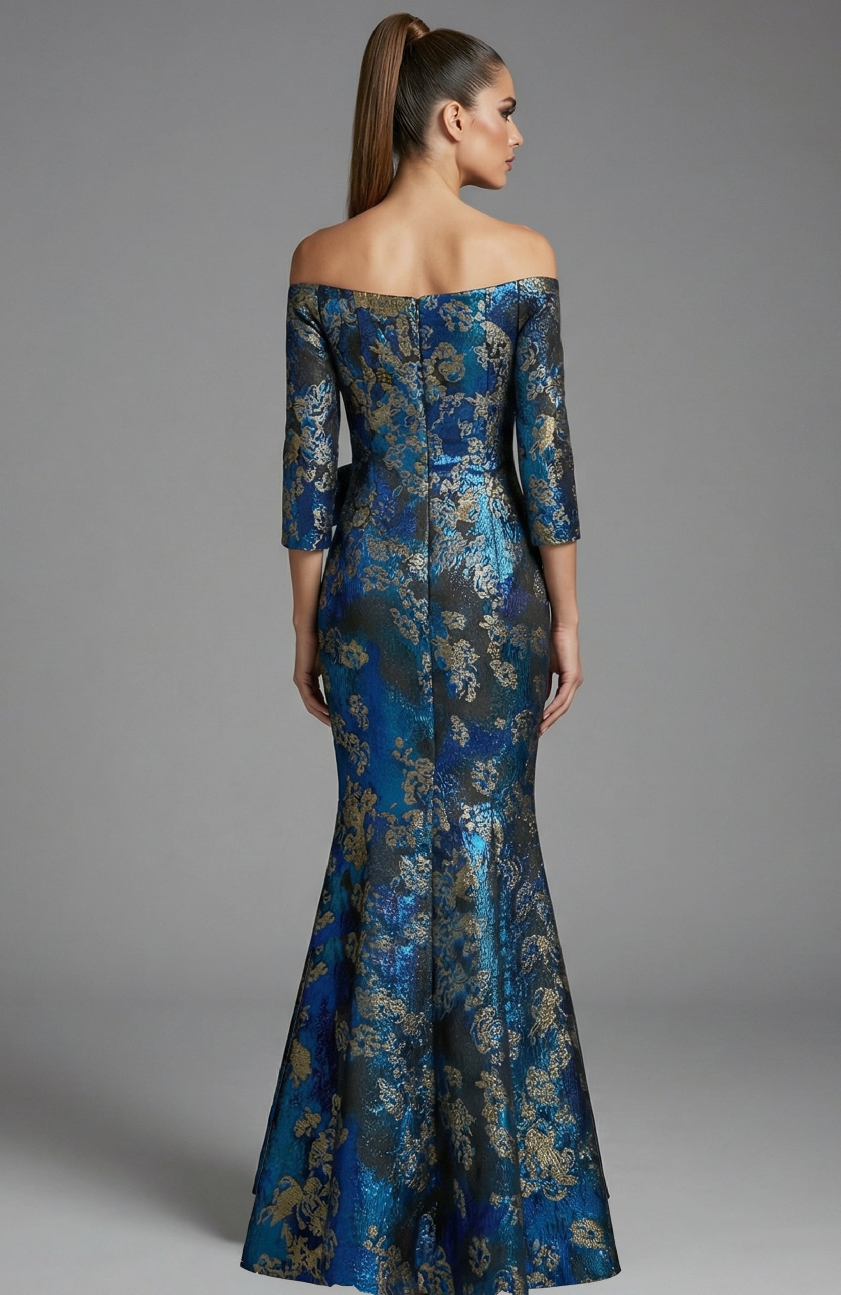 off shoulder brocade gown with structured bodice and full length skirt
