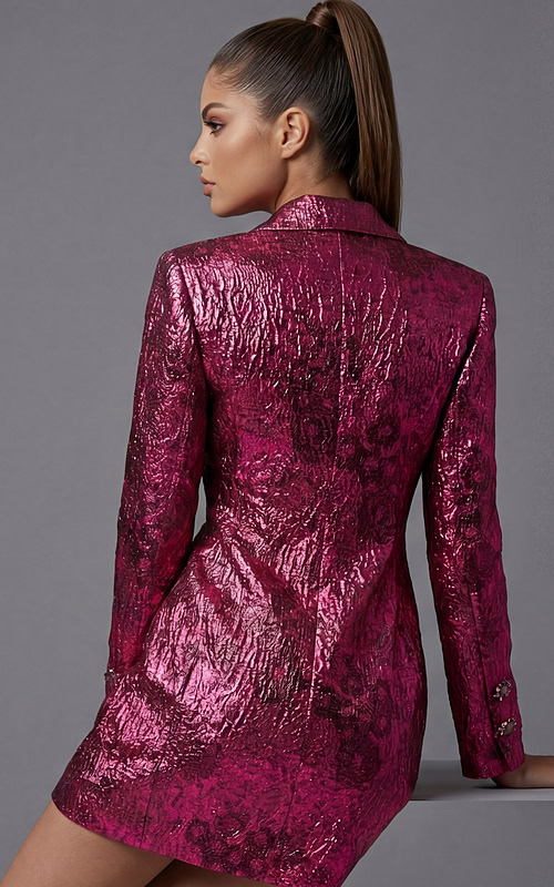 Back view of tailored metallic jacket showing textured fabric and clean seams