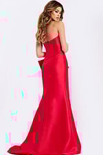 Elegant red gown with structured bodice and slit skirt