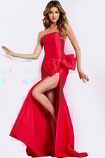 Red strapless prom dress with side bow and high slit