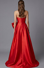 back of red strapless ball gown 49196