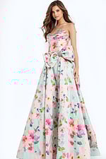 Strapless Floral Print Prom Dress With Side Bow