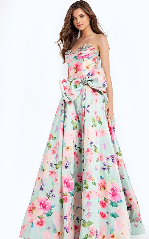Strapless Floral Print Prom Dress With Side Bow