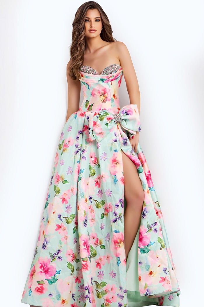 Strapless Floral Print Prom Dress With Bow 49197 | Jovani