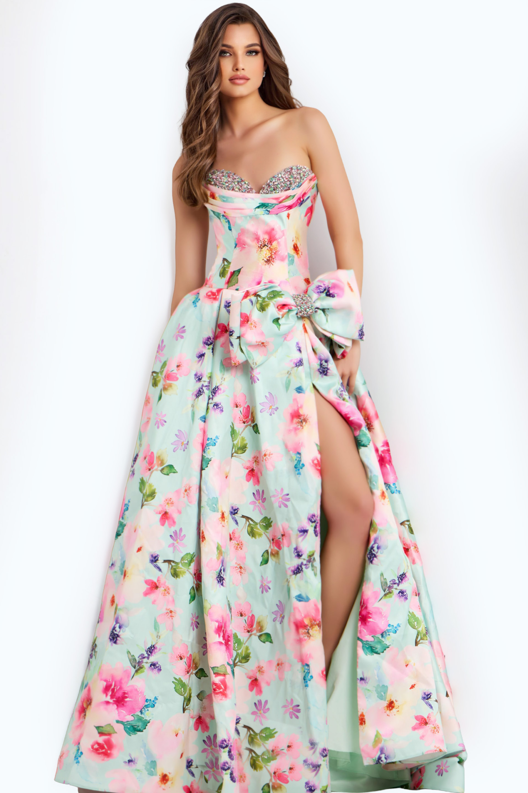 prom dresses crossville tn Strapless Floral Print Prom Dress With Bow 49197