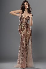 bronze gold sheath long dress with plunging v neck sequin high slit sheer