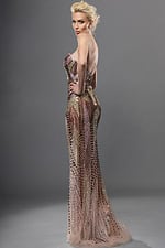bronze gold sheath long dress with plunging v neck sequin high slit sheer