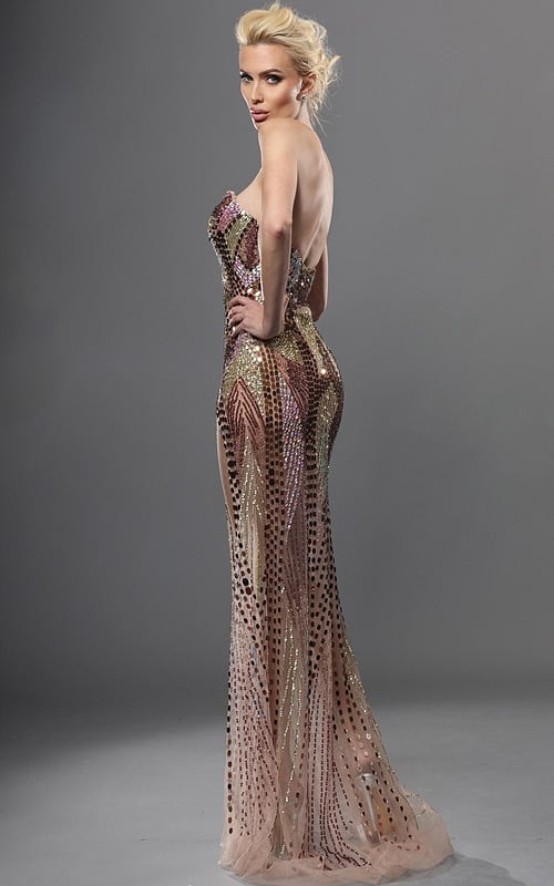 bronze gold sheath long dress with plunging v neck sequin high slit sheer