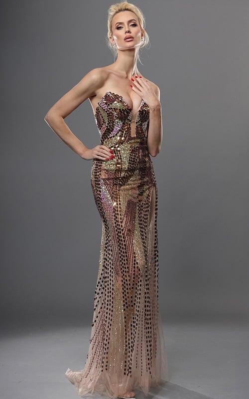 bronze gold sheath long dress with plunging v neck sequin high slit sheer