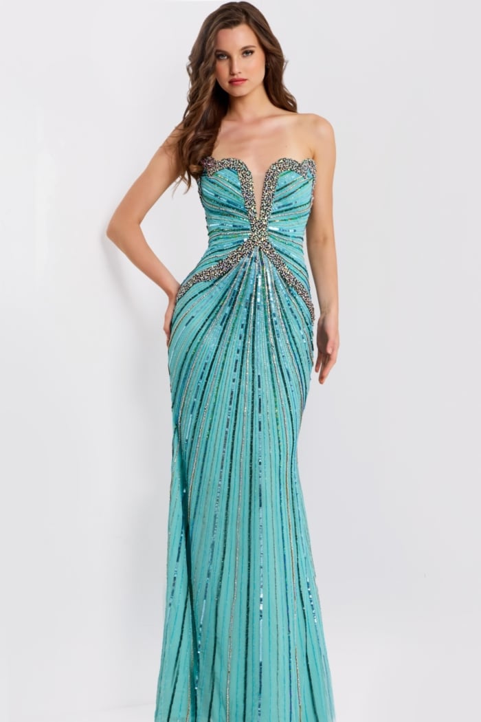 Formal strapless prom dress with shimmering details