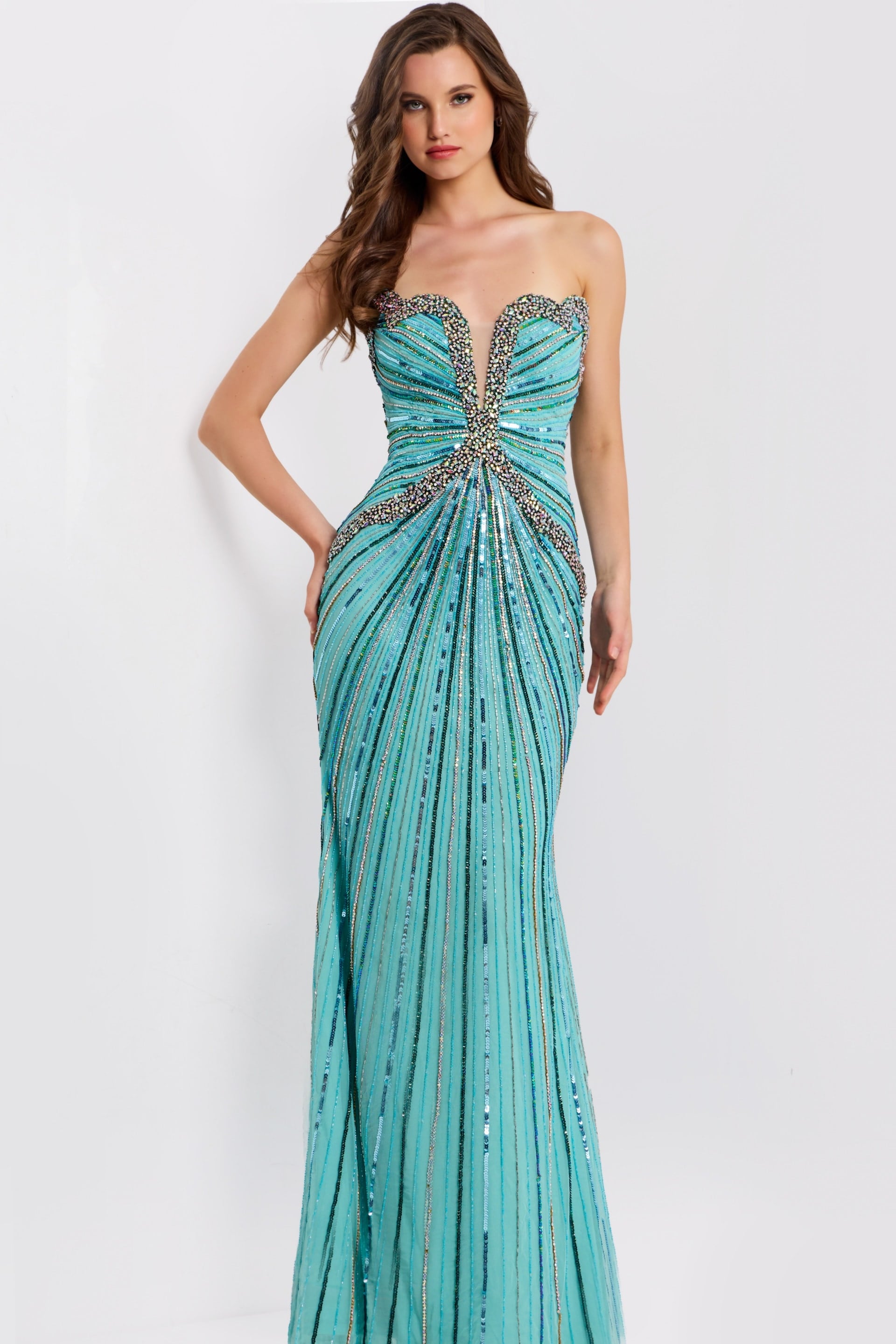 Formal strapless prom dress with shimmering details