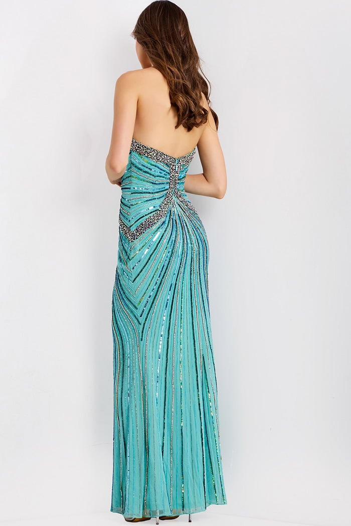 Sparkling strapless gown featuring plunging neckline