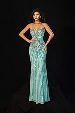 Fitted aqua sequin gown featuring radiant bead patterns and shimmering details