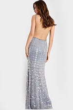 Sequin spaghetti strap gown with open back