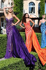 strapless sequin gown with overskirt and high slit