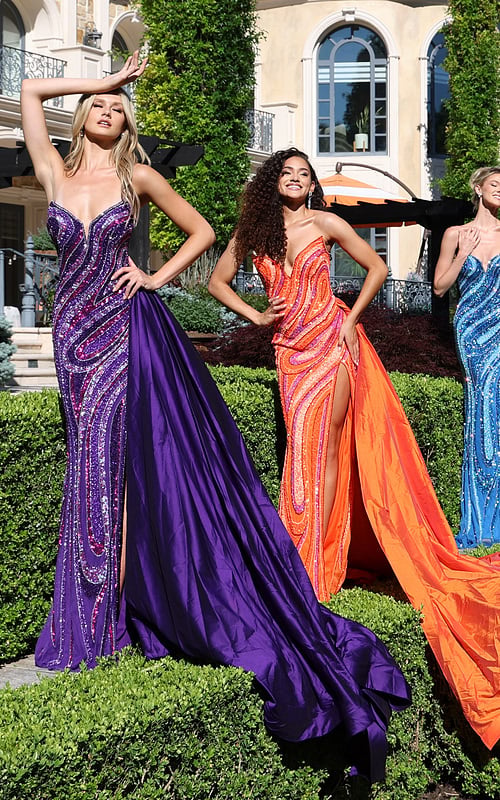 strapless sequin gown with overskirt and high slit