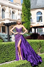 strapless sequin gown with overskirt and high slit