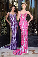 strappy purple sequin prom dress with slit - two girls front, purple pink dresses curly blonde hair