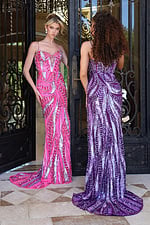 strappy purple sequin prom dress with slit - front full body, blonde updo, brunette back view model