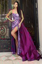 Glamorous purple gown with sequin detailing and train