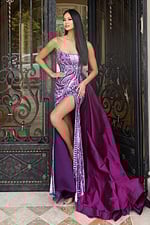 Elegant fitted beaded dress with detachable satin overskirt