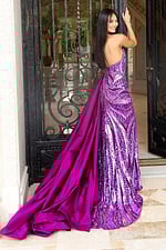 Sparkly purple sequin gown featuring open back and long train