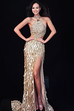 Sequined metallic gown featuring cutout sides and shimmering leaf accents