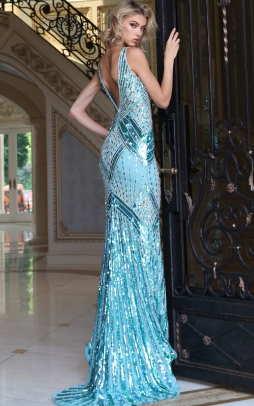v back beaded blue dress 49242