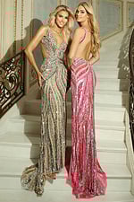 Glamorous evening gown with geometric bead design and slit