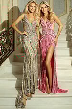 Glamorous evening gown with geometric bead design and slit
