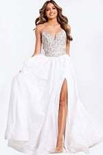 Satin prom dress with embellished bodice and slit