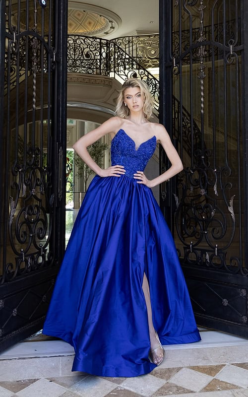 beaded ball gown with high slit
