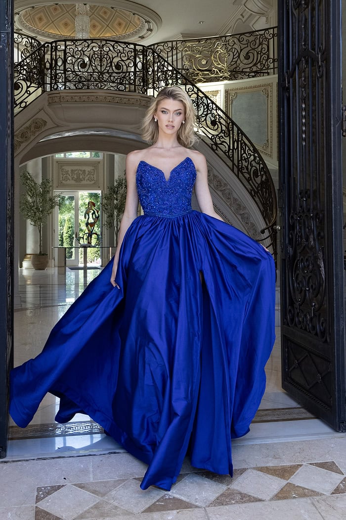 beaded ball gown with high slit