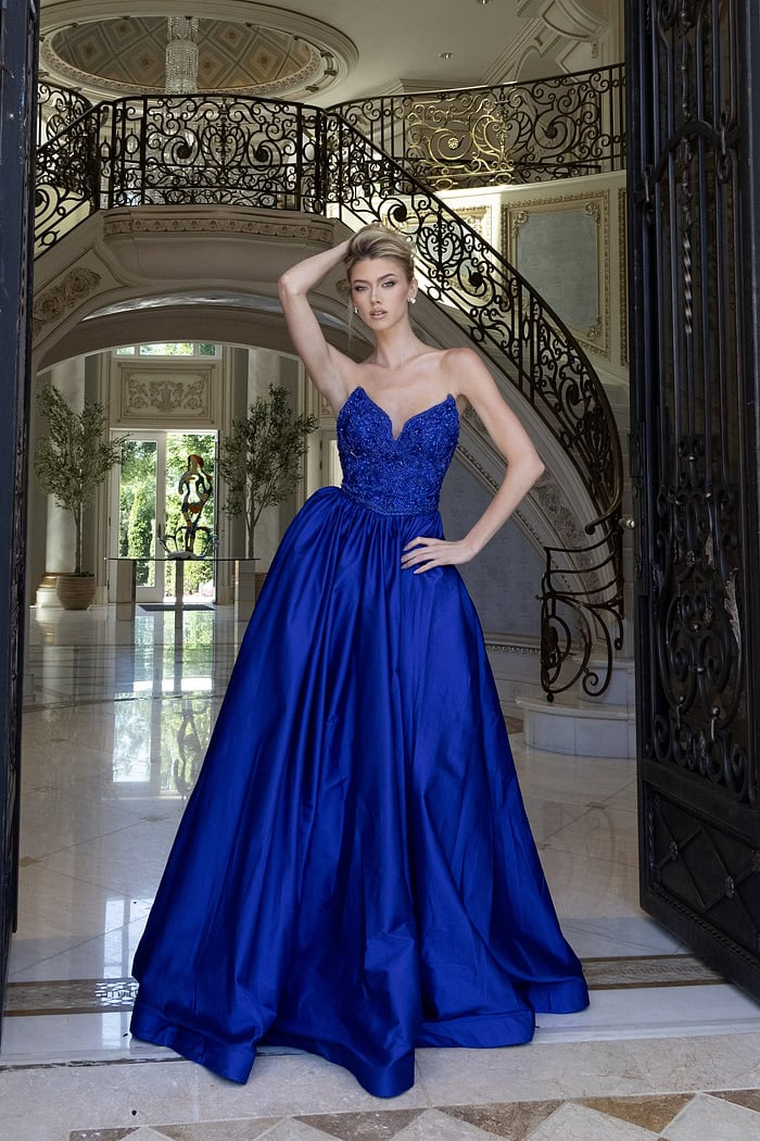 beaded ball gown with high slit