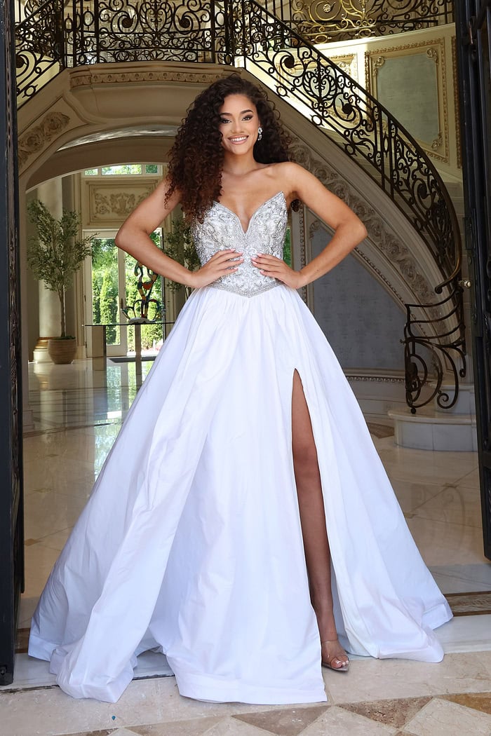 beaded ball gown with high slit
