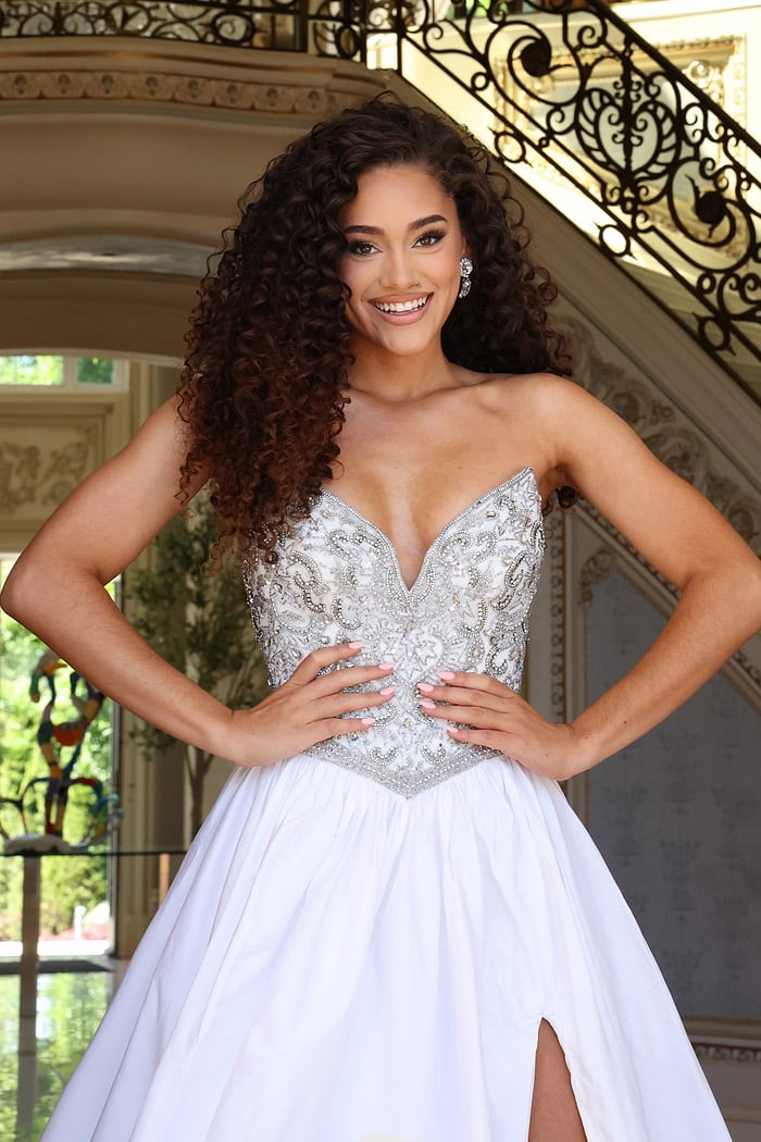 beaded ball gown with high slit