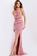 Glittering pink beaded gown with waist cutouts